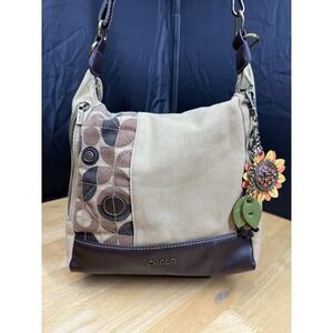 Chala Crossbody Tan Purse Canvas Messenger Bag + Sunflower Charm Medium Tote